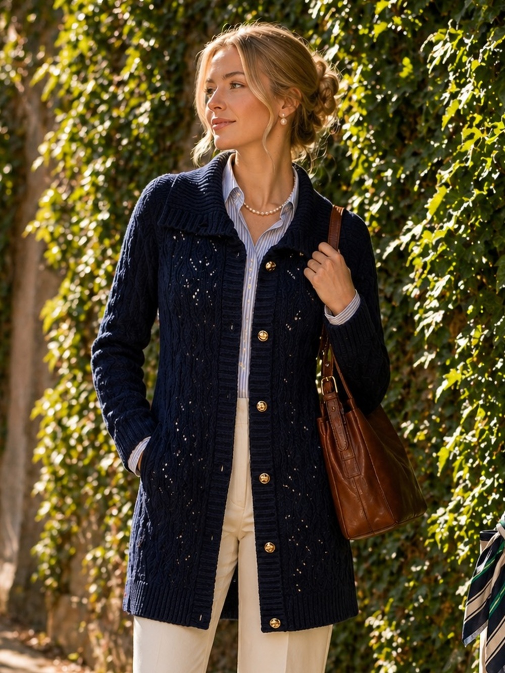 LIMA Costal Preppy Nautical Classic Navy Cabled Button-Up Cardigan, 0X
